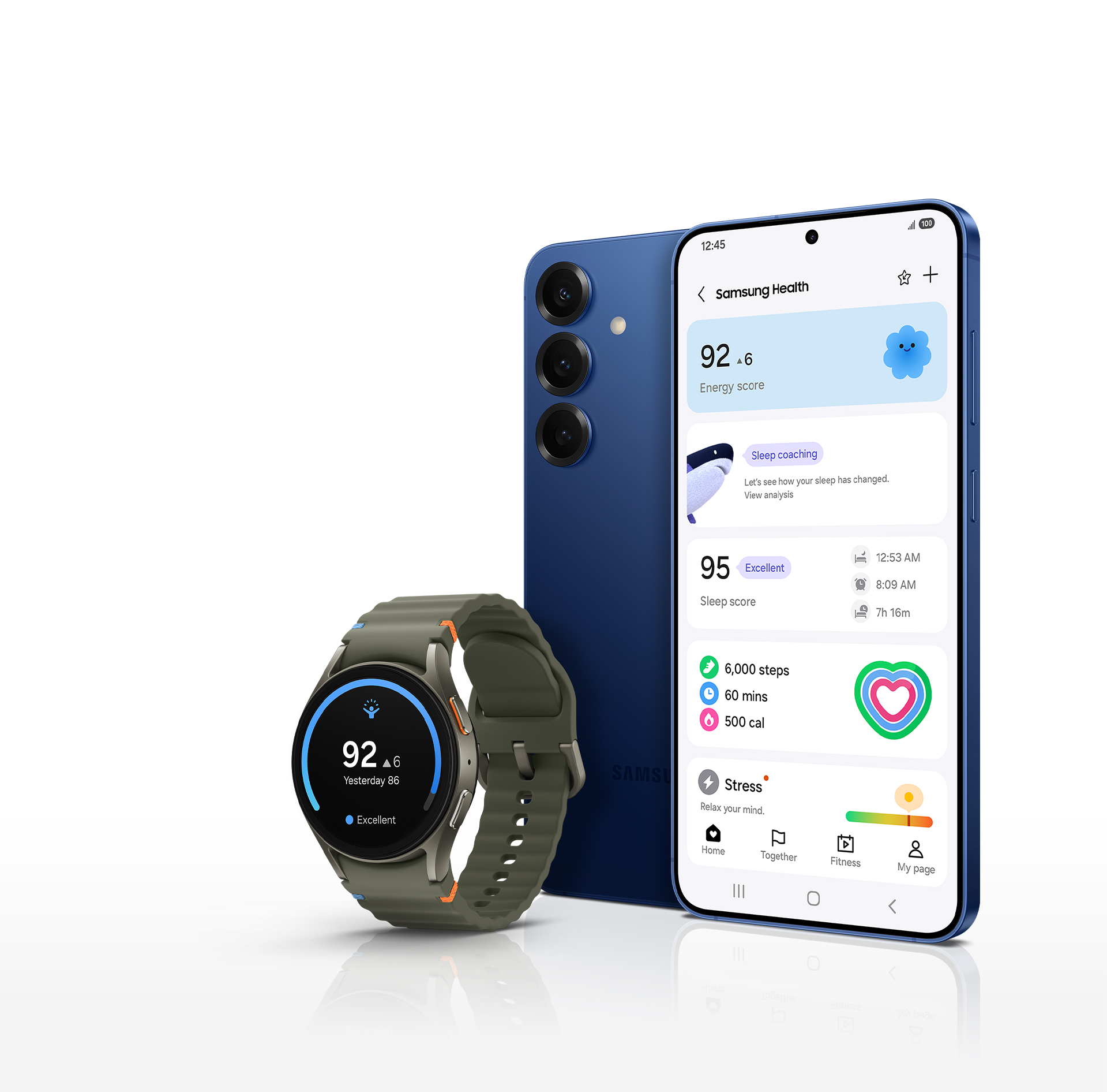 Samsung Galaxy Watch7 shown alongside Galaxy S25+ where both are showing the personal Samsung Health app information like the user's Energy Score, Sleep score and fitness tracking.